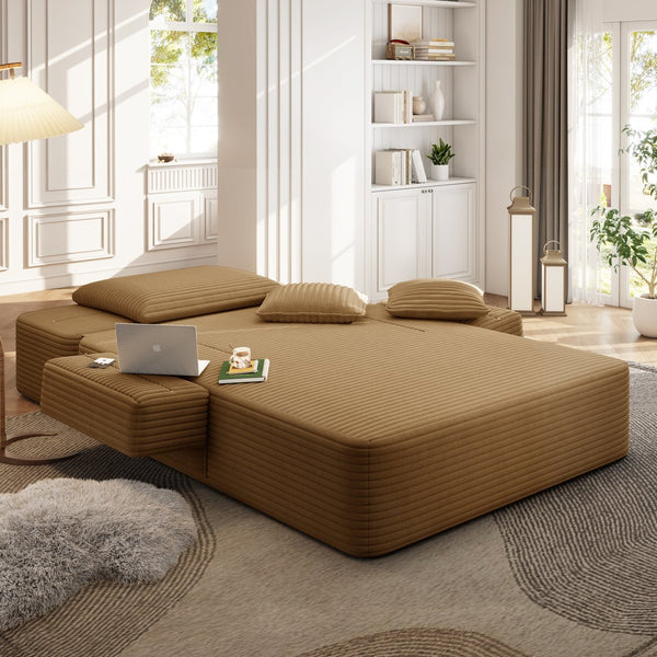 English Elm Luxurious Corduroy Convertible Chaise Lounge Sofa Bed with Storage and Coil Spring Foam Camel W3219P483086