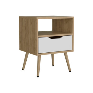 English Elm Wenden 21" High Nightstand with Drawer & Open Shelf, Two-Tone Natural Oak & White, Compact Chic B200P335299
