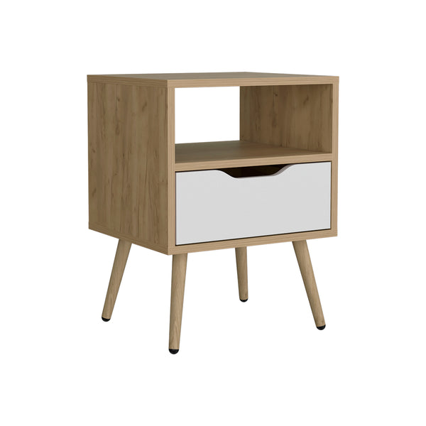 English Elm Wenden 21" High Nightstand with Drawer & Open Shelf, Two-Tone Natural Oak & White, Compact Chic B200P335299
