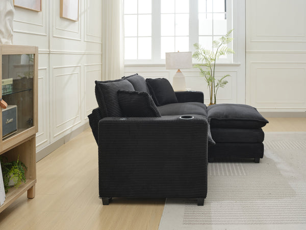 English Elm L Shape Sofa Couch With Usb Charging, Cup Holder, Stylish Corduroy Fabric, Compact 2-Seater With Ottoman W2100S00139