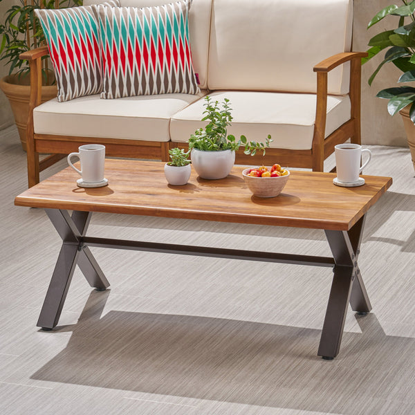 English Elm Christopher Knight Home® - Outdoor Acacia Wood Coffee Table with Teak Finish & Rustic Metal Frame, Handcrafted Patio Accent Table 62347.00