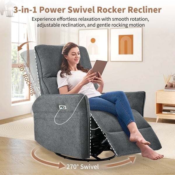 English Elm 270° 270° Power Swivel Recliner Chair with USB Ports, 30° Rocking, 95–150° Recline for Small Spaces Dark Gray W1028S00050
