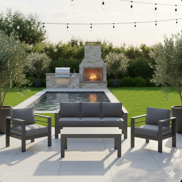 English Elm All-weather Outdoor 4 Piece Iron Conversation Set with Olefin Cushions and Wood Grain Table Gray B082S00104