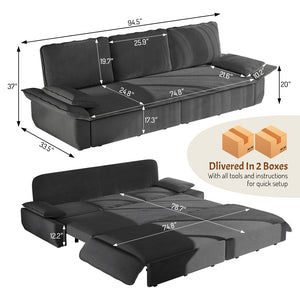 English Elm 94.5" King Convertible Sleeper Sofa Corduroy Upholstered Chaise Lounge Guest Room Bed Grey W1885S00308