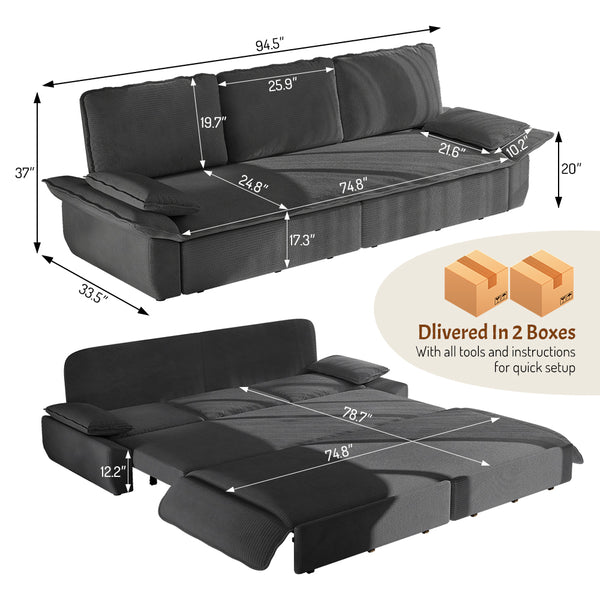 English Elm 94.5" King Convertible Sleeper Sofa Corduroy Upholstered Chaise Lounge Guest Room Bed Grey W1885S00308
