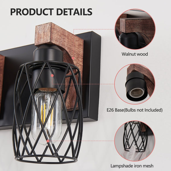 English Elm 24" Industrial Vintage 4-Light Wall Sconce with Black Iron Cage and Walnut Wood Accents for Bathroom W2312P374838