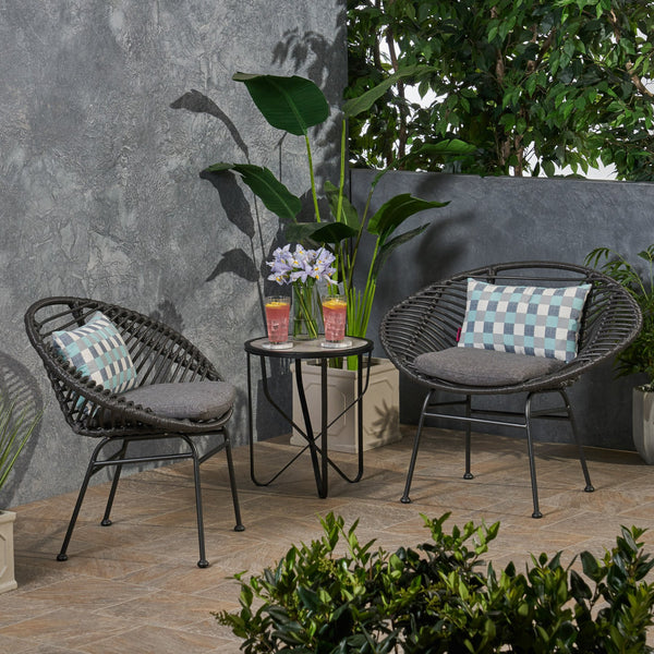 English Elm Christopher Knight Home® - SAN ANTONIO CHAIR Grey Woven Polyethylene Rattan Set of 2 with Water-Resistant Cushions & Steel Frame Modern Design 65039.00GRY