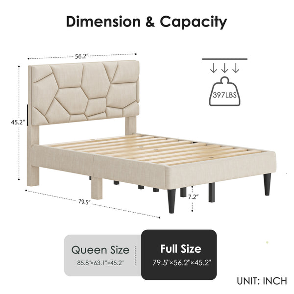 English Elm Full Linen Storage Bed Frame with Rubberwood Platform, Quiet, Sturdy Support, 7.2" Under-Storage Space Beige W2896P208864