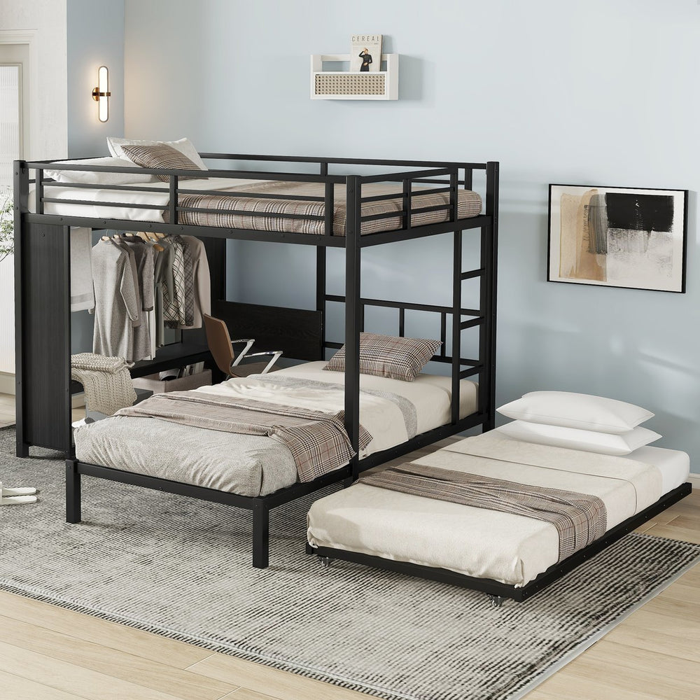 English Elm Full Over Twin Bunk Bed With Integrated Wardrobe, Trundle, Foldable Desk & Noise-Reduced Design In Black W1580S00136
