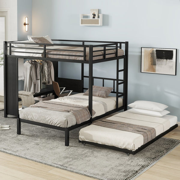 English Elm Full Over Twin Bunk Bed With Integrated Wardrobe, Trundle, Foldable Desk & Noise-Reduced Design In Black W1580S00136