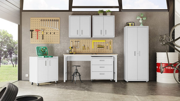 English Elm Floating Wall Mounted Garage Cabinet with Locking Doors and Diamond Texture Exterior White B365P398220