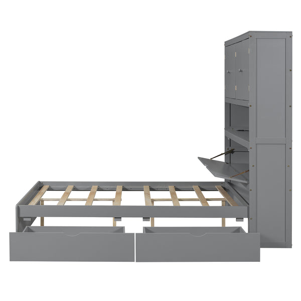 English Elm Full Size Wooden Platform Bed With Usb Charging, Flip-Up Storage Headboard & Under-Bed Drawers N820S00045E