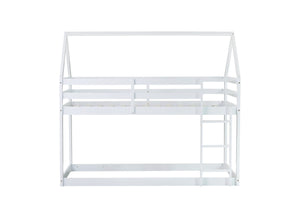 English Elm Twin Rubber Wood Floor Bunk Bed House-Shaped Design with Ladder Guardrails Sturdy Low-Profile Retreat White W504P206864