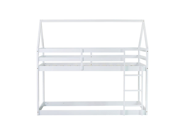 English Elm Twin Rubber Wood Floor Bunk Bed House-Shaped Design with Ladder Guardrails Sturdy Low-Profile Retreat White W504P206864