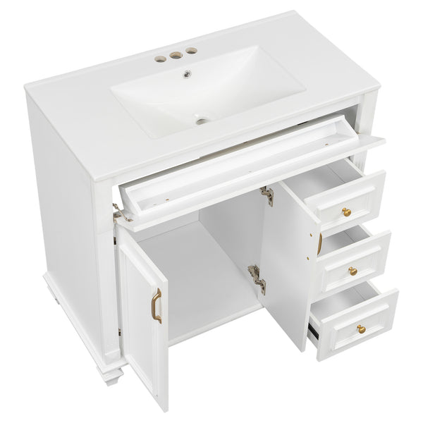English Elm 36" Modern Bathroom Vanity with Ceramic Sink, Gold Handles, Flip-Out Drawer & Soft-Close Doors White N725P283623K