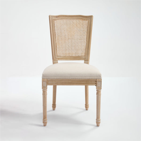 English Elm French Country Dining Chairs Set Of 2 - Upholstered Natural Rattan Back, Vintage Charm For Any Space W3426P324546