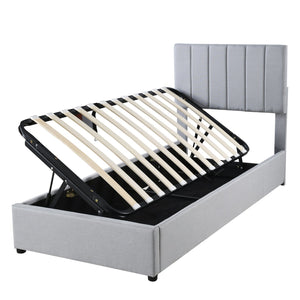 English Elm Twin Upholstered Hydraulic Storage Bed with Vertical Stripe Headboard, Space-Saving Modern Platform Gray SF000185AAE