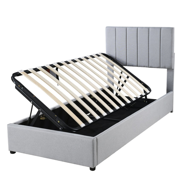 English Elm Twin Upholstered Hydraulic Storage Bed with Vertical Stripe Headboard, Space-Saving Modern Platform Gray SF000185AAE