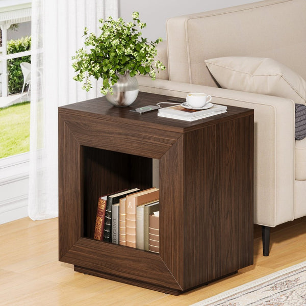 English Elm Rustic Wood End Table With 2-Tier Design, Integrated Charging & Led Lighting For Stylish Storage W1550P330031-GIGA