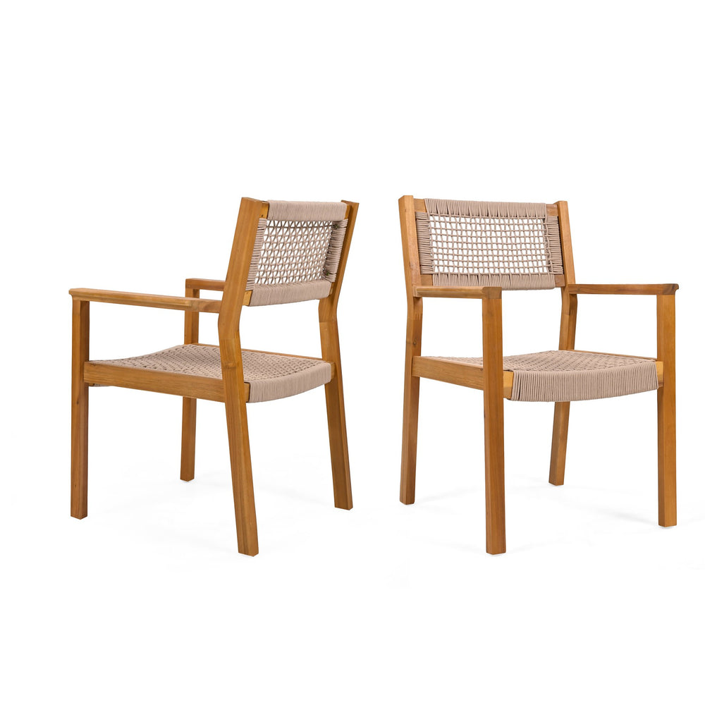 English Elm Braided Rope and Acacia Wood Dining Chair Set Coastal Farmhouse Woven Seating Pair N779P202840T