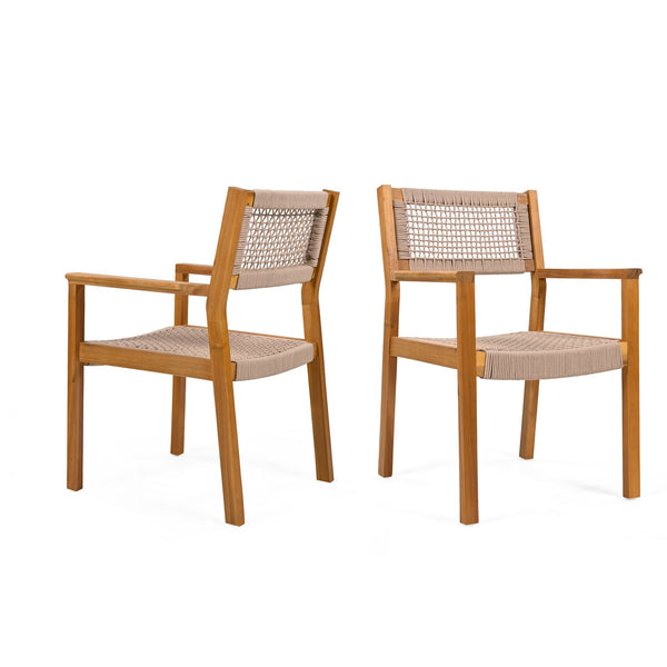 English Elm Braided Rope and Acacia Wood Dining Chair Set Coastal Farmhouse Woven Seating Pair N779P202840T