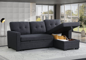 English Elm Tufted Linen Sectional Sleeper Sofa with Storage Ottoman and Reversible Chaise Dark Gray B2730S00050