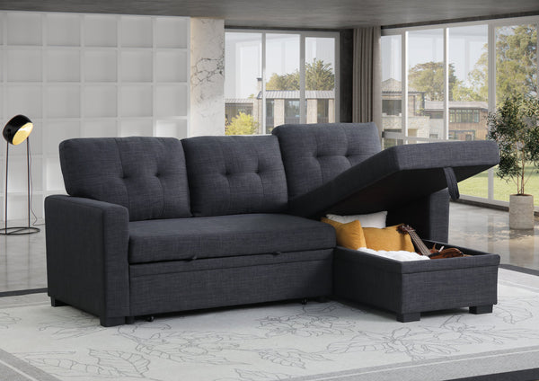 English Elm Tufted Linen Sectional Sleeper Sofa with Storage Ottoman and Reversible Chaise Dark Gray B2730S00050
