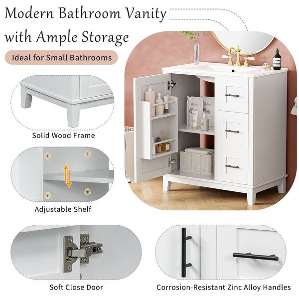 English Elm 30-inch Modern Bathroom Vanity with Ceramic Basin, Rubberwood Frame, Soft-Close Drawers & Organized Storage White N729P290689K