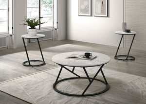 English Elm Contemporary 3-Piece Table Set: Stylish Coffee & End Tables With Abstract Metal Bases In White Finish B2741P392074