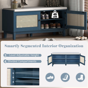 English Elm Trexm Bohemian Rattan Storage Bench Cushioned Seat Shoe Cabinet for Entryway Antique Navy,Beige N715P308012M