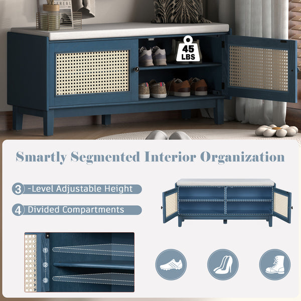 English Elm Trexm Bohemian Rattan Storage Bench Cushioned Seat Shoe Cabinet for Entryway Antique Navy,Beige N715P308012M