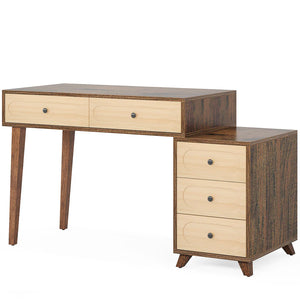 English Elm Classic Five Drawer Writing Desk with Round Metal Legs and White Engineered Wood Top T3971P453638