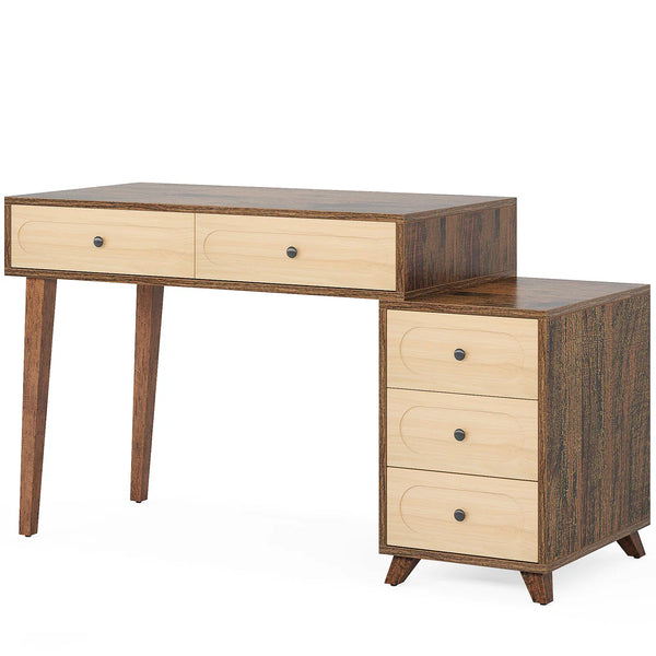 English Elm Classic Five Drawer Writing Desk with Round Metal Legs and White Engineered Wood Top T3971P453638
