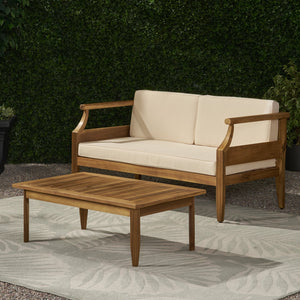 English Elm Christopher Knight Home® - Aston Acacia Wood Outdoor Loveseat Set with Water-Resistant Cushions and Mid-Century Modern Frame Cream 68891.00CRM