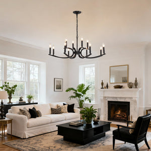English Elm 12-light Industrial Farmhouse Chandelier Matte Black Metal for High Ceiling Spaces W5008P392712
