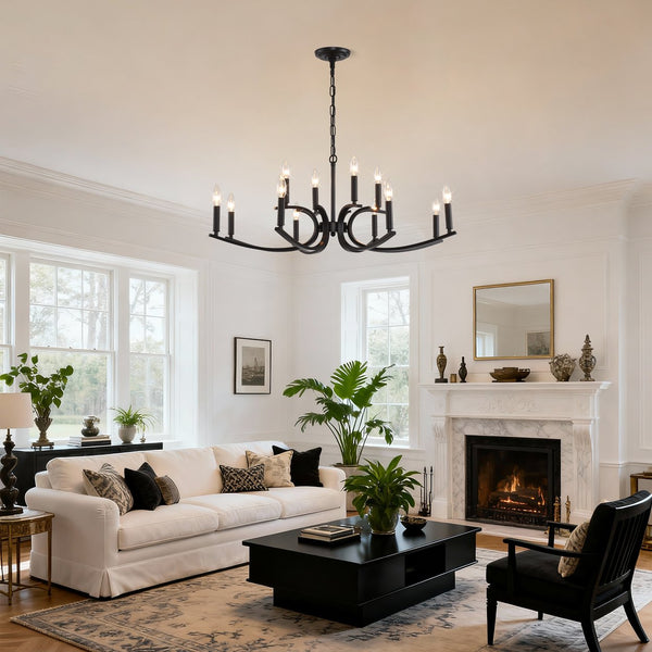 English Elm 12-light Industrial Farmhouse Chandelier Matte Black Metal for High Ceiling Spaces W5008P392712