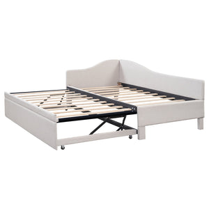 English Elm Twin L-shaped Linen Upholstered Daybed with Hydraulic Pop-up Trundle for Guest Rooms Beige SF000193AAA-1