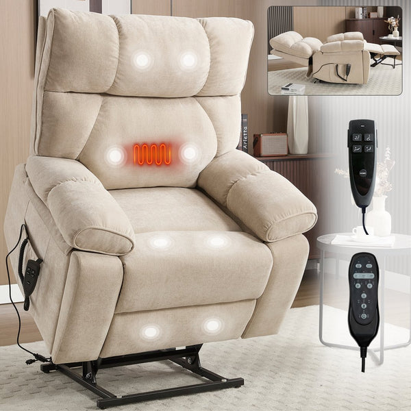 English Elm Beige Chenille Power Lift Recliner Dual Motor Massage Heat 350 Lb Capacity Beige W1803P264021