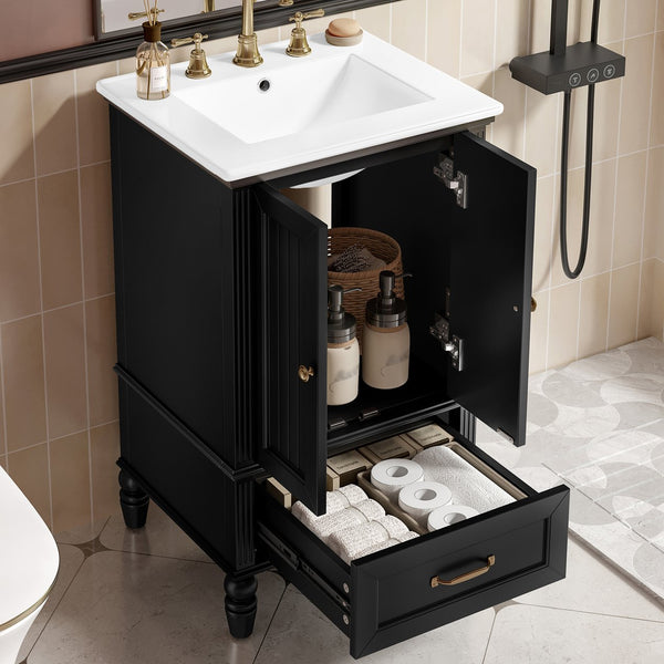 English Elm 20" Bathroom Vanity with Sink Modern MDF Cabinet with Ceramic Top, Drawer, Magnetic Door Stopper Black N725P195132B
