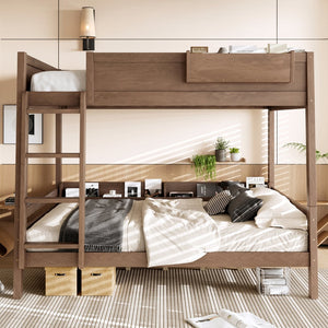 English Elm Queen Over Bunk Bed Pine Frame with Built in Shelving Detachable Vintage Style Wood W5316S00016