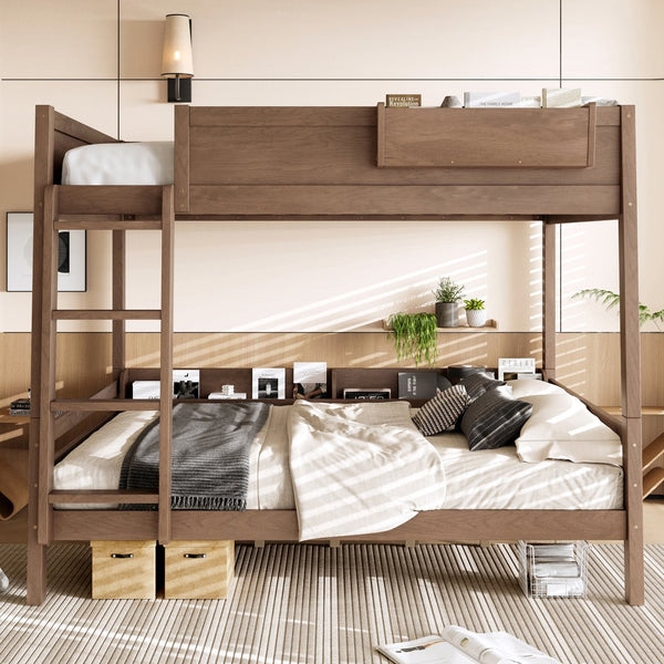 English Elm Queen Over Bunk Bed Pine Frame with Built in Shelving Detachable Vintage Style Wood W5316S00016