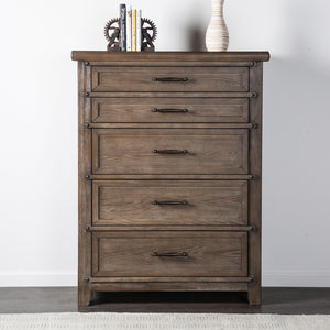 English Elm Transitional Brown Oak Five Drawer Tall Chest Smooth Glides Bedroom Storage B2741P372705