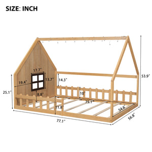 English Elm Full House Bed Frame with Window & Fence Playhouse Design, Sturdy Pine/MDF, Safe 400lb Capacity Natural N709P215545N