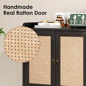 English Elm Sideboard Rattan Door Buffet Cabinet with Baffle Edge, Spacious Storage Credenza for Dining Hallway Black T3623P381057