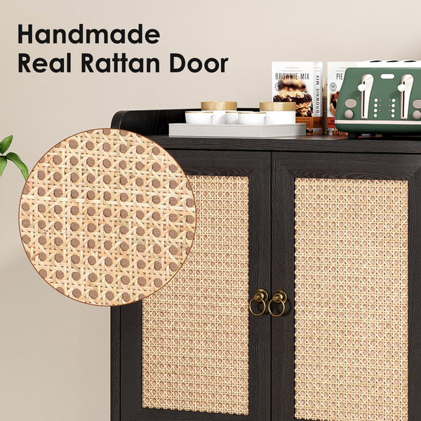 English Elm Sideboard Rattan Door Buffet Cabinet with Baffle Edge, Spacious Storage Credenza for Dining Hallway Black T3623P381057