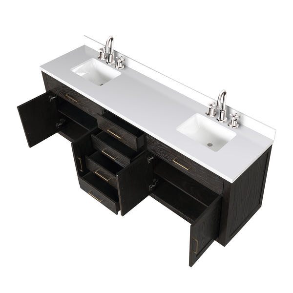 English Elm Brown Oak Double Bath Vanity With White Quartz Top, Faucet Set & Ample Storage For Modern Spaces B2731P257857