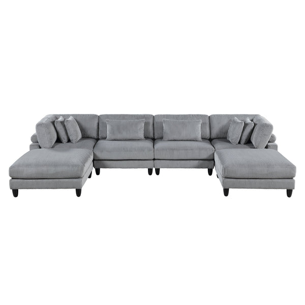 English Elm 6Pc Modular Sectional Set In Gray Corduroy - Versatile Living Room Furniture With Armless Chairs & Ottomans B011S01562