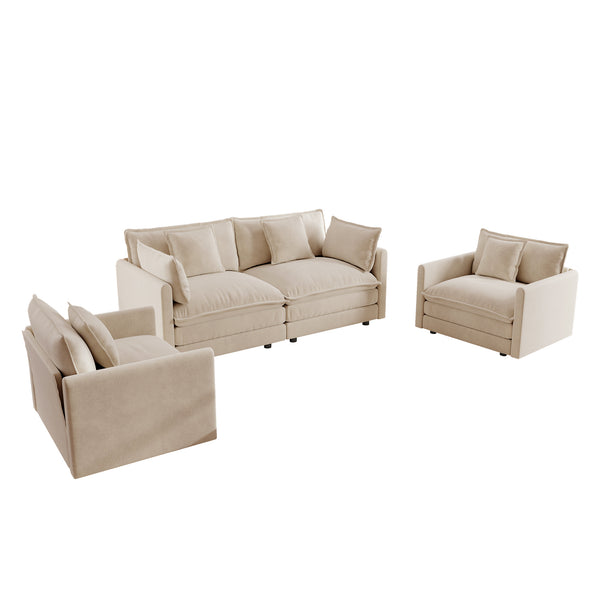 English Elm 3 Piece Chenille Living Room Sofa Set with Two Armchairs Toss Pillows Solid Wood Frame W714S00890