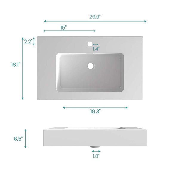 English Elm BB02-30-101, Glossy Integrated Solid Surface Basin with Overflow — Sleek Seamless Design for Luxury Bathrooms White W1865107113