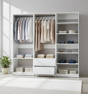 English Elm Prosper Freestanding White Walk-In Wood Closet System – Durable Melamine Oak Finish, Ample Modular Storage B040S00141